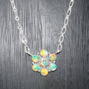 Orange Spiny & Turquoise Cluster Sterling Silver 18" Necklace